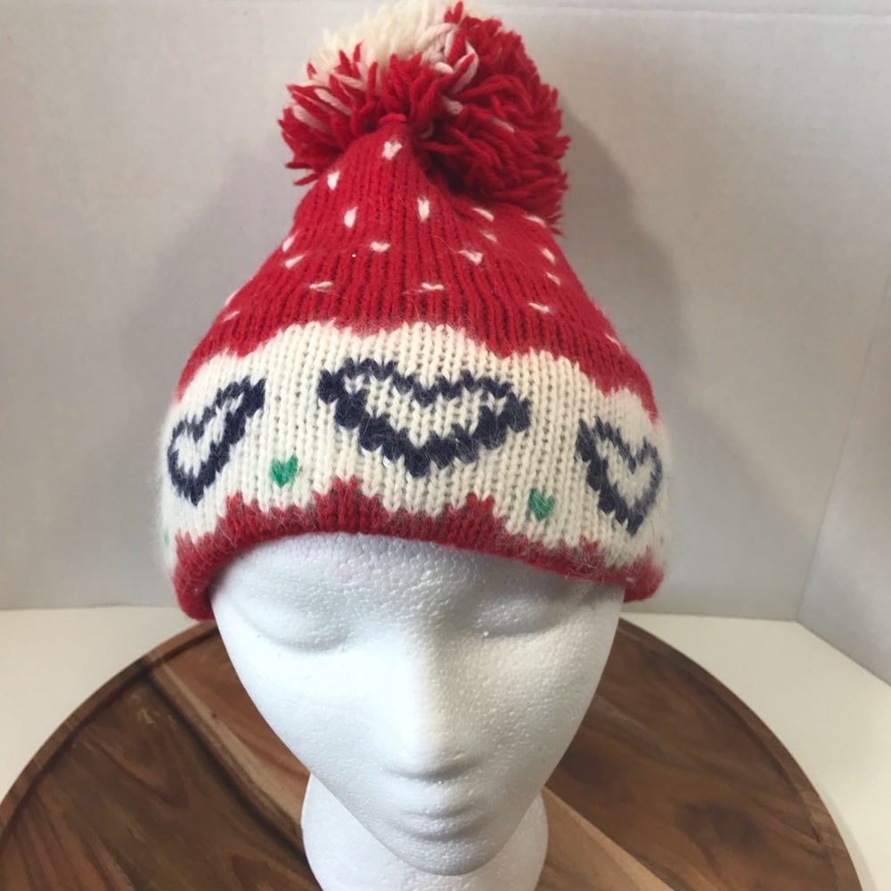 Vtg 80s Marceau pom-pom wool hat hearts winter red